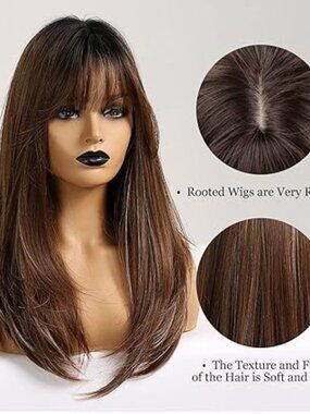 Brown Wigs for Women Long Straight layered Wig with Bangs Highlight Colour Heat